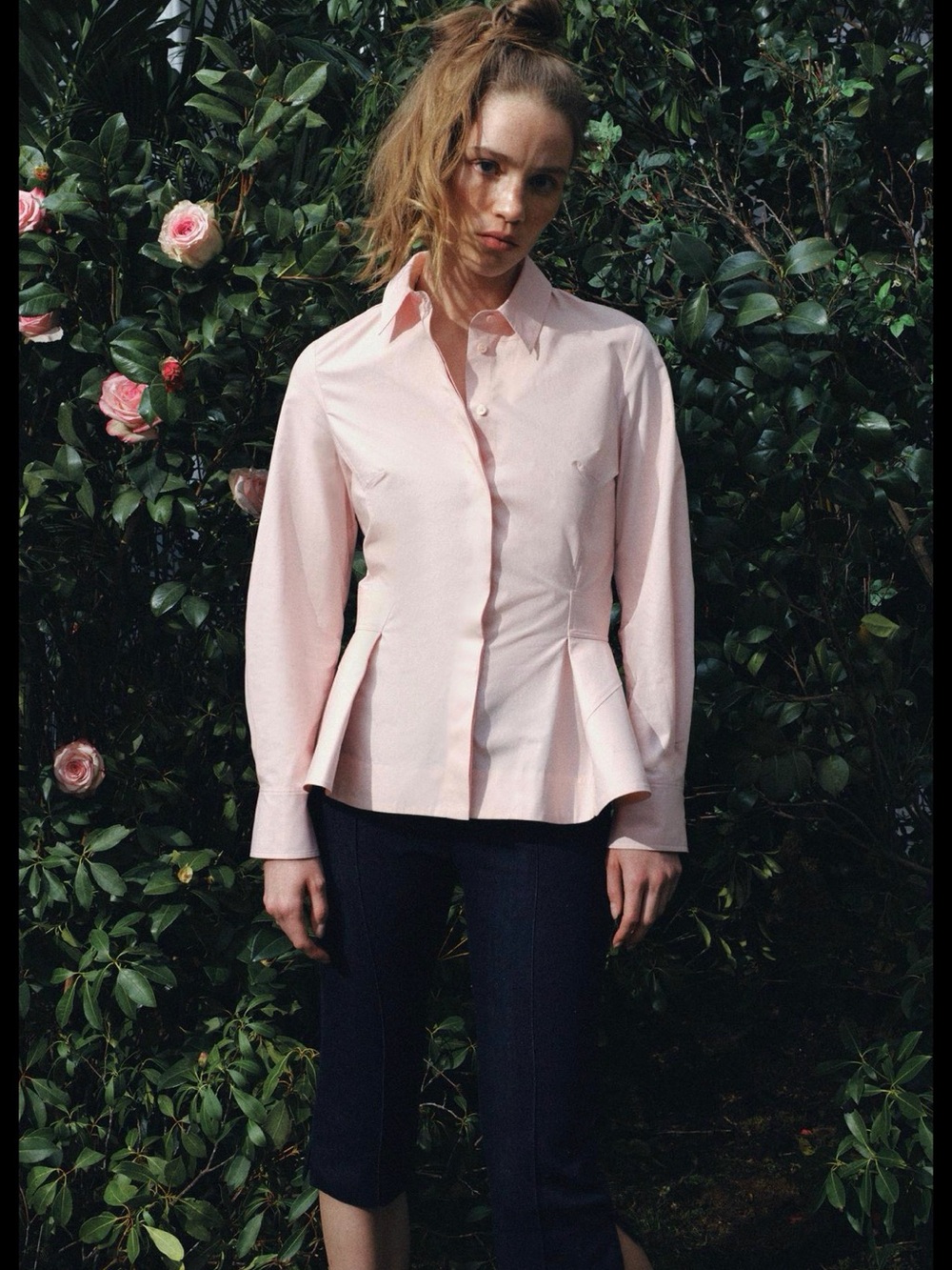 Zara ZW Collection Women's Pale Pink Poplin Peplum Button-Up Shirt